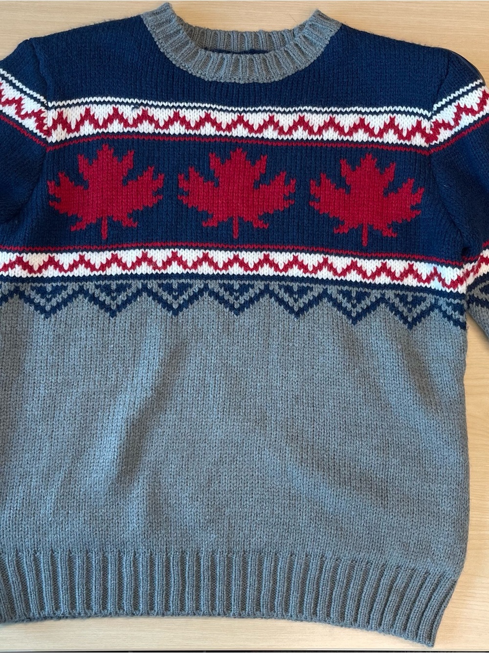 Grey & Navy Sweater with Red Maple and Canada on the back